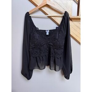 Rue+ Black Lace Smocked Blouse Sheer Sleeve 3X Whimsigoth Fairy Grunge Sexy Club
